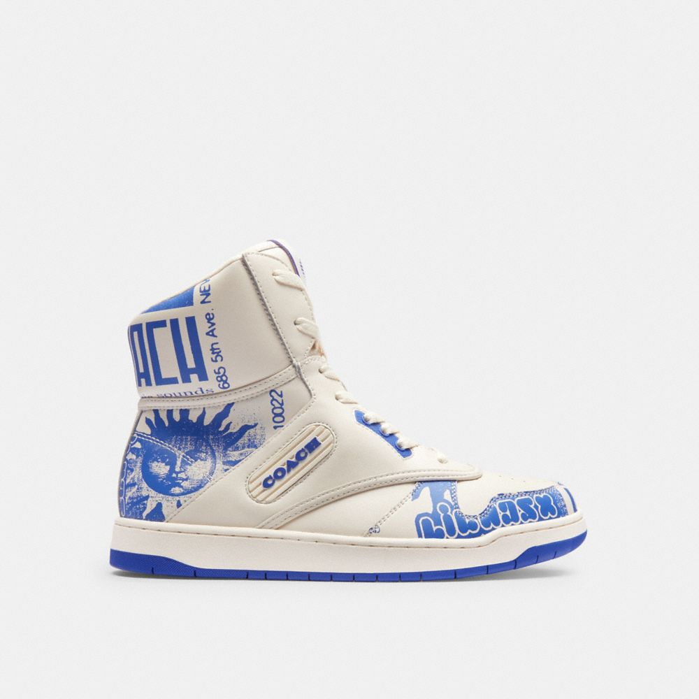 COACH®,THE LIL NAS X DROP C202 HIGH TOP SNEAKER,Leather,Chalk/Blue,Angle View