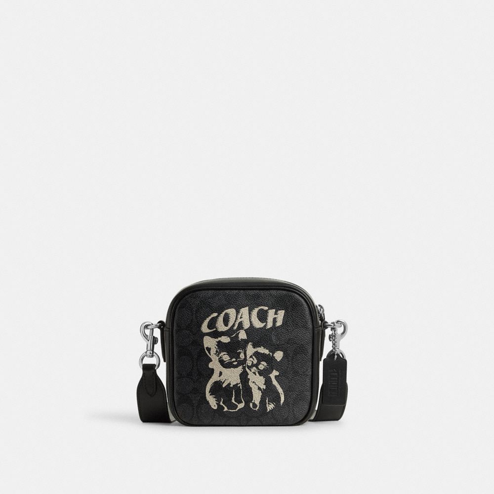 COACH®,THE LIL NAS X DROP CAMERA BAG IN SIGNATURE CANVAS,Signature Coated Canvas,Small,Charcoal,Front View