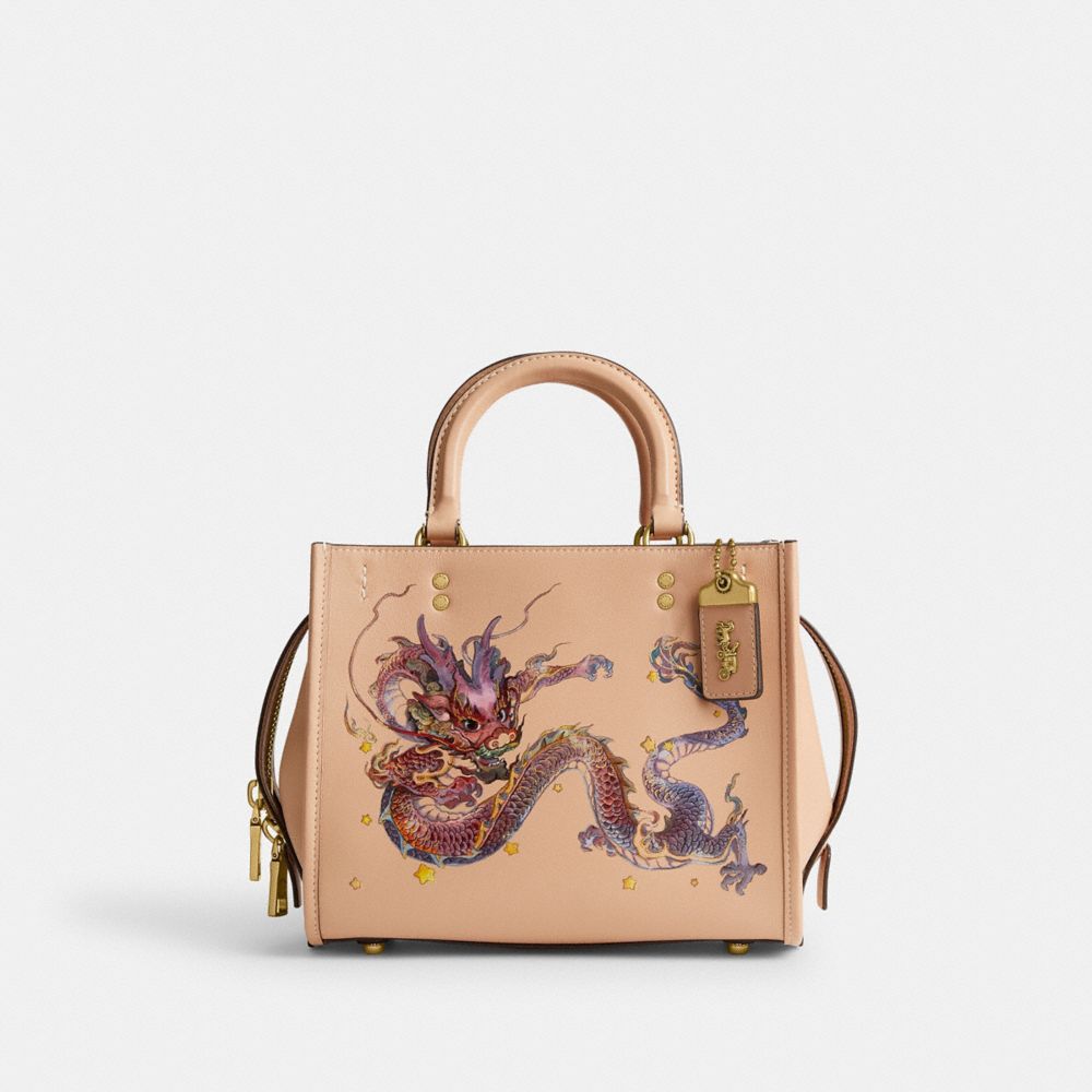 COACH®,BOXED NEW YEAR ROGUE BAG 25 WITH DRAGON,Glovetanned Leather,Medium,Brass/Buff Multi,Front View image number 0