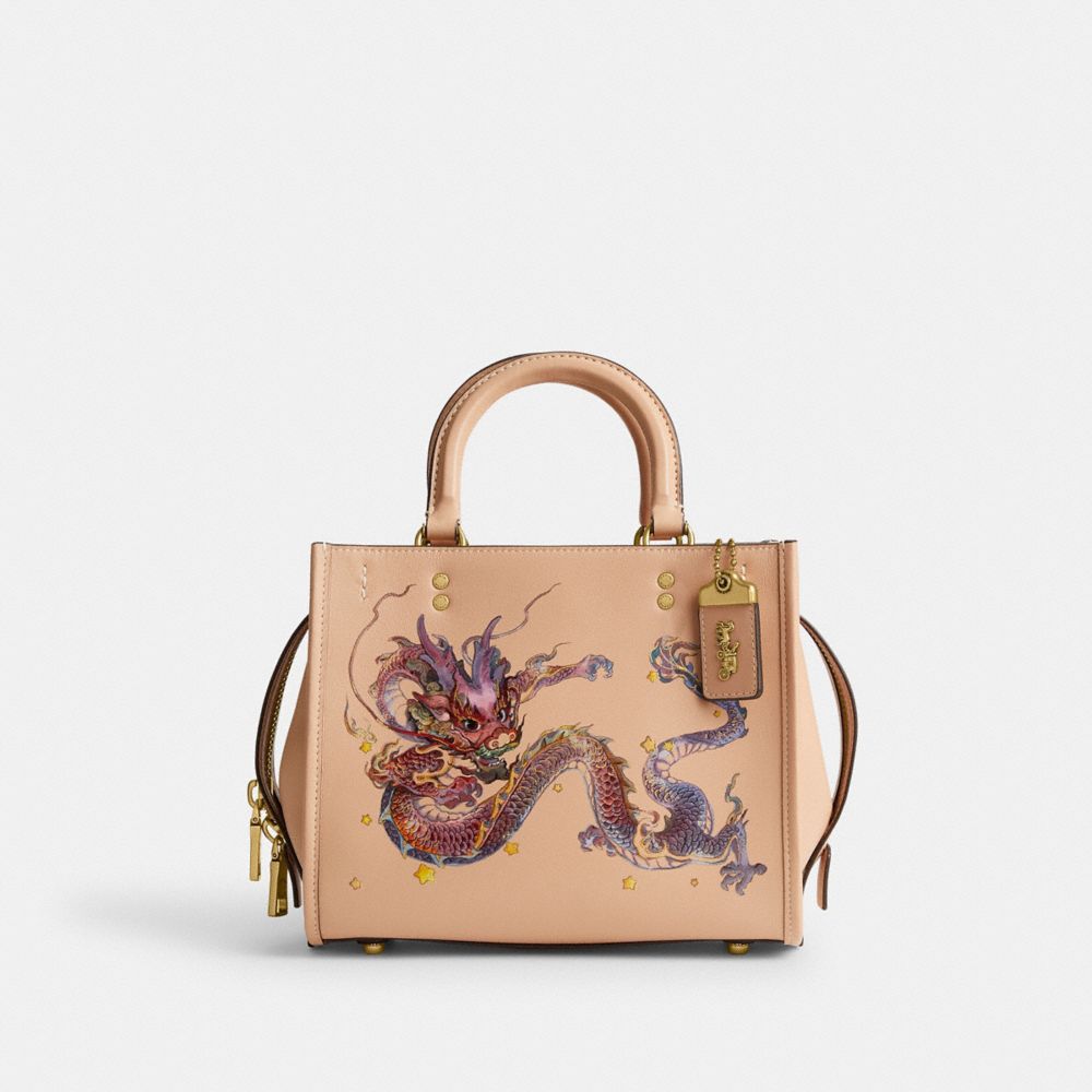 COACH®,BOXED NEW YEAR ROGUE BAG 25 WITH DRAGON,Glovetanned Leather,Medium,Brass/Buff Multi,Front View