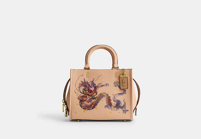 COACH®,BOXED NEW YEAR ROGUE BAG 25 WITH DRAGON,Glovetanned Leather,Medium,Brass/Buff Multi,Front View image number 0