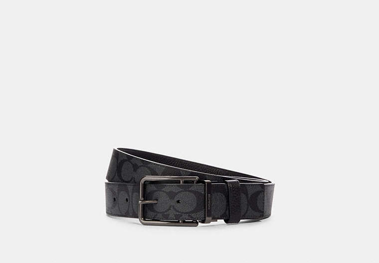 COACH®,DOUBLE BAR BUCKLE CUT-TO-SIZE REVERSIBLE BELT, 38MM,Pebbled Leather,Gunmetal/Charcoal/Black,Front View
