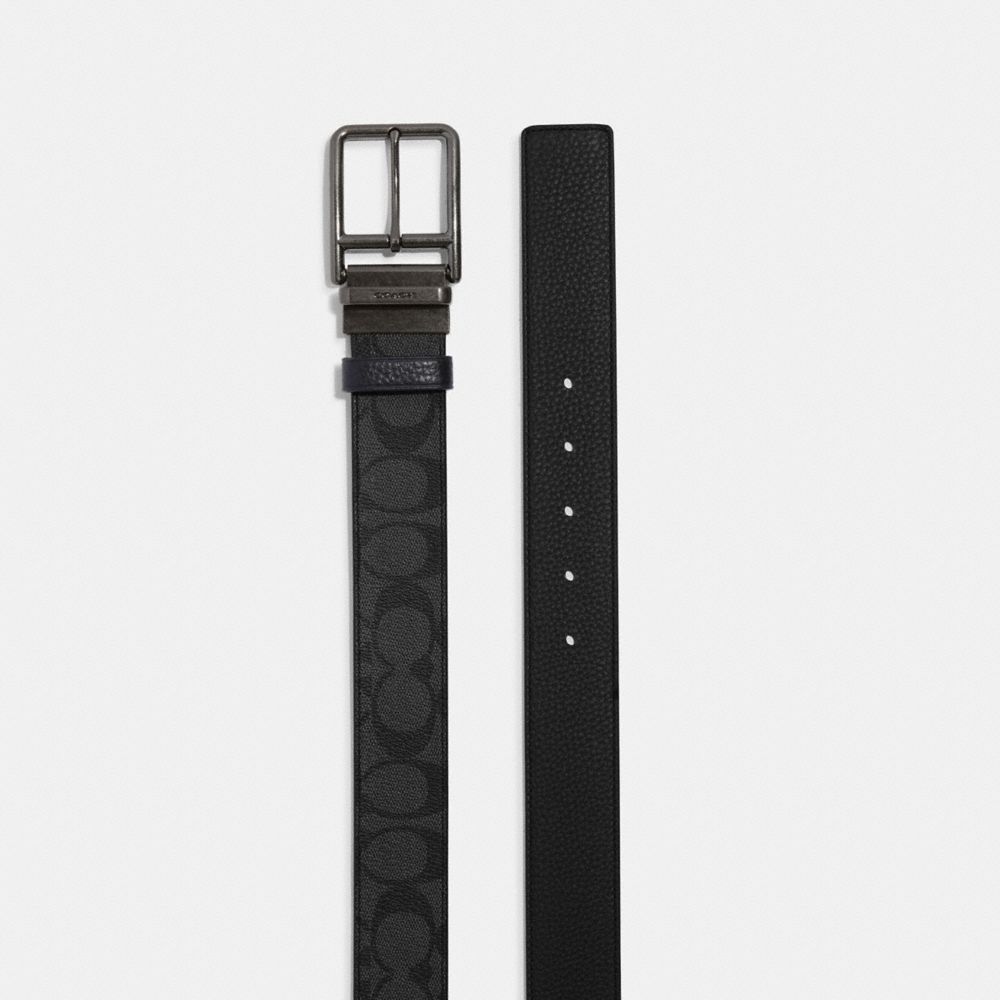 COACH®,DOUBLE BAR BUCKLE CUT-TO-SIZE REVERSIBLE BELT, 38MM,Gunmetal/Charcoal/Black,Angle View