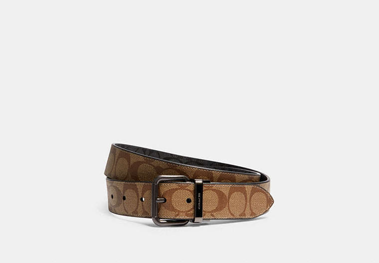 COACH®,ROLLER BUCKLE CUT-TO-SIZE REVERSIBLE BELT, 38MM,Coated Canvas,Gunmetal/Tan Charcoal,Front View