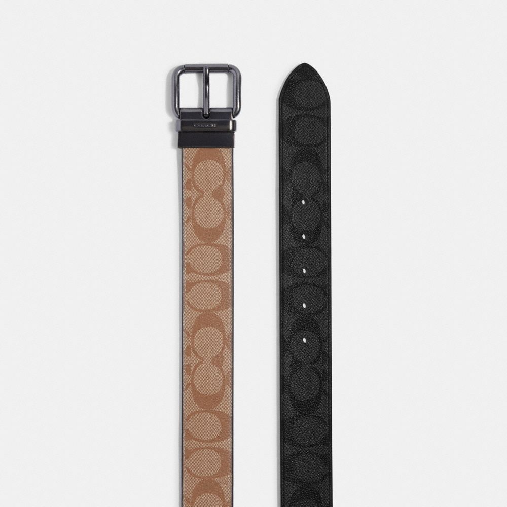 COACH®,ROLLER BUCKLE CUT-TO-SIZE REVERSIBLE BELT, 38MM,Gunmetal/Tan Charcoal,Angle View