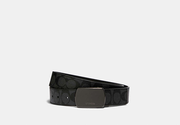 COACH®,PLAQUE BUCKLE CUT-TO-SIZE REVERSIBLE BELT, 38MM,Coated Canvas,Gunmetal/Black/Charcoal,Front View