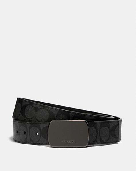 COACH®,PLAQUE BUCKLE CUT-TO-SIZE REVERSIBLE BELT, 38MM,Coated Canvas,Gunmetal/Black/Charcoal,Front View