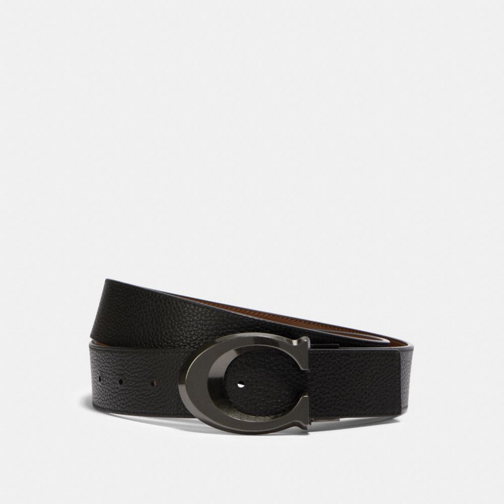 COACH®,SIGNATURE BUCKLE CUT-TO-SIZE REVERSIBLE BELT, 38MM,Leather,Gunmetal/Black/Dark Saddle,Front View