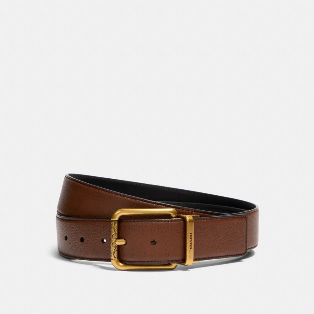 COACH®,SQUARE ROLLER BUCKLE CUT-TO-SIZE REVERSIBLE BELT, 38MM,Antique Brass/Dark Saddle Black,Front View