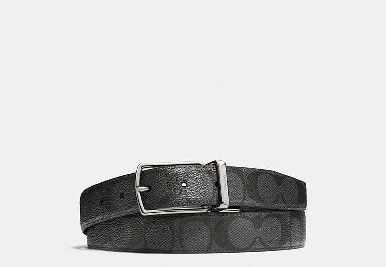 COACH®,HARNESS BUCKLE CUT-TO-SIZE REVERSIBLE BELT, 30MM,Coated Canvas,Charcoal/Black,Front View