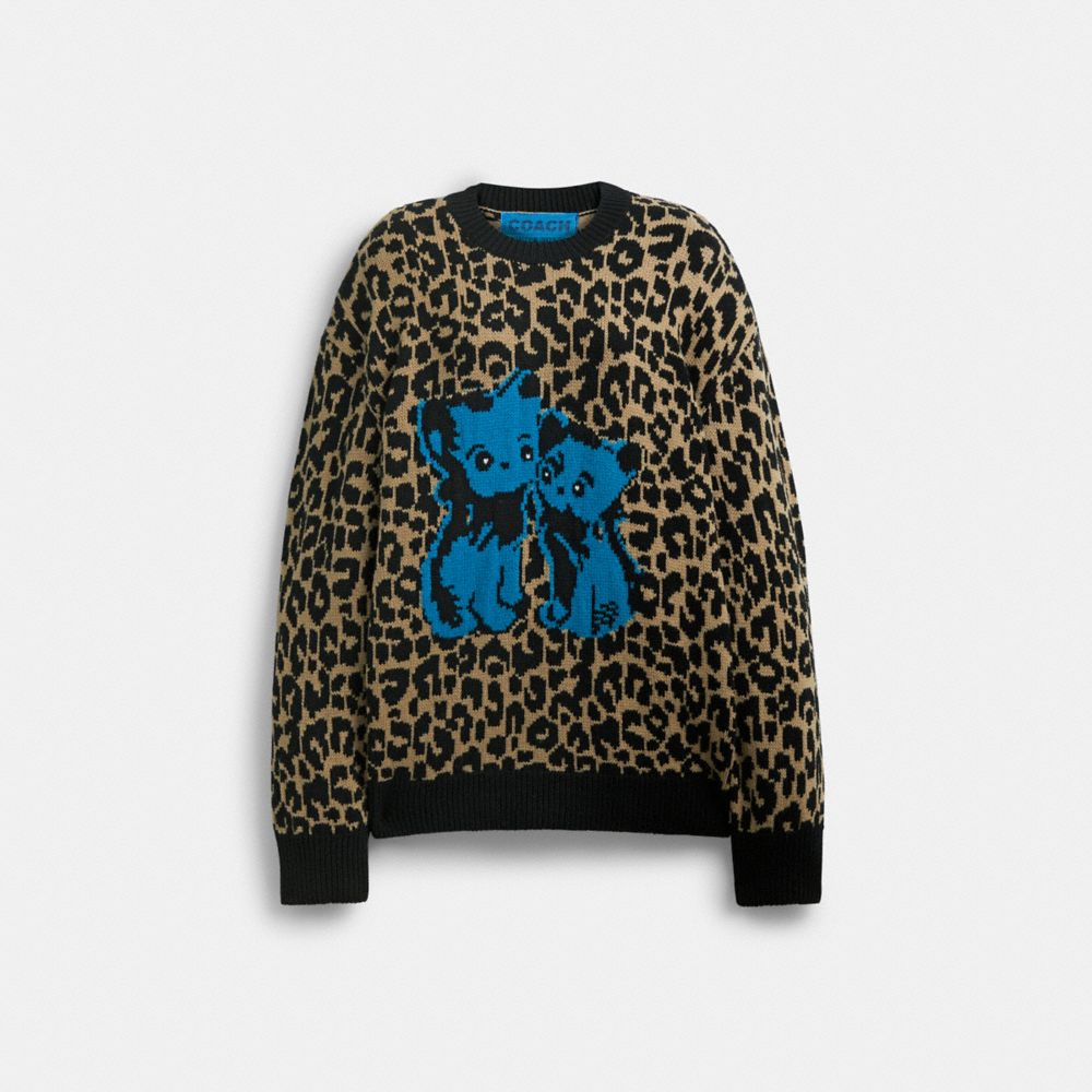 COACH®,THE LIL NAS X DROP LEOPARD PRINT CREWNECK SWEATER,wool,Leopard Multi,Front View