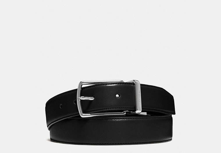 COACH®,HARNESS BUCKLE CUT-TO-SIZE REVERSIBLE BELT, 32MM,Leather,Medium,Black Dark Brown,Front View