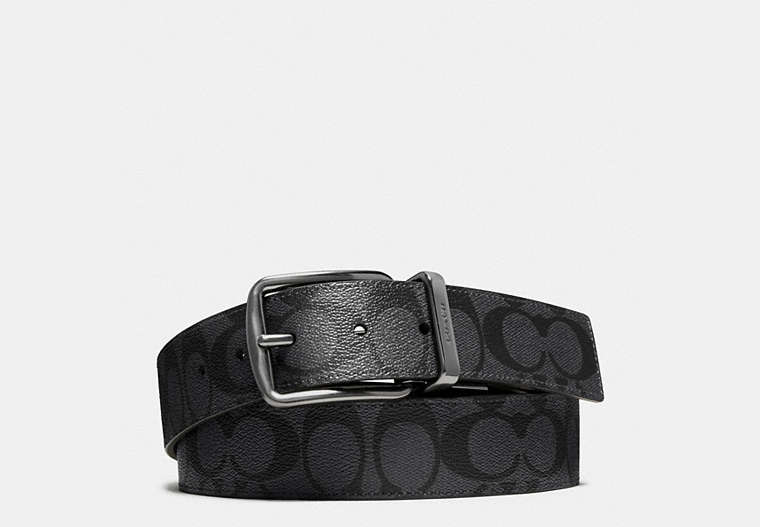 COACH®,HARNESS BUCKLE CUT-TO-SIZE REVERSIBLE BELT, 38MM,Coated Canvas,Medium,Charcoal/Black,Front View
