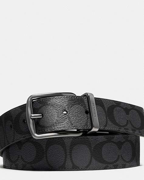 COACH®,HARNESS BUCKLE CUT-TO-SIZE REVERSIBLE BELT, 38MM,Coated Canvas,Medium,Charcoal/Black,Front View