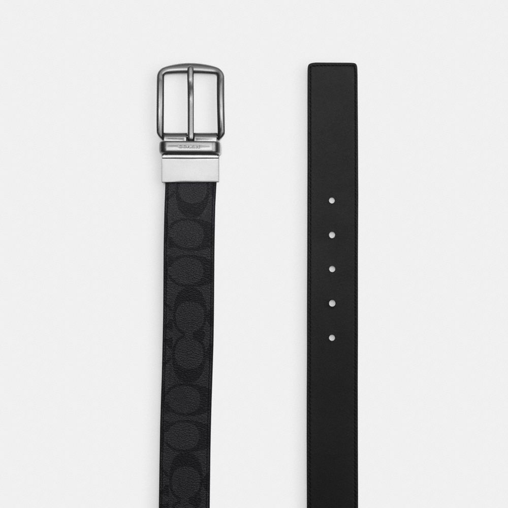 COACH®,HARNESS BUCKLE CUT-TO-SIZE REVERSIBLE BELT, 38MM,Charcoal/Black,Angle View