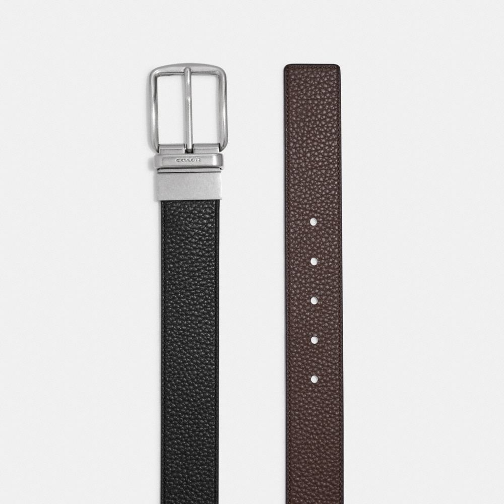 COACH®,HARNESS BUCKLE CUT-TO-SIZE REVERSIBLE BELT, 38MM,Black Dark Brown,Angle View