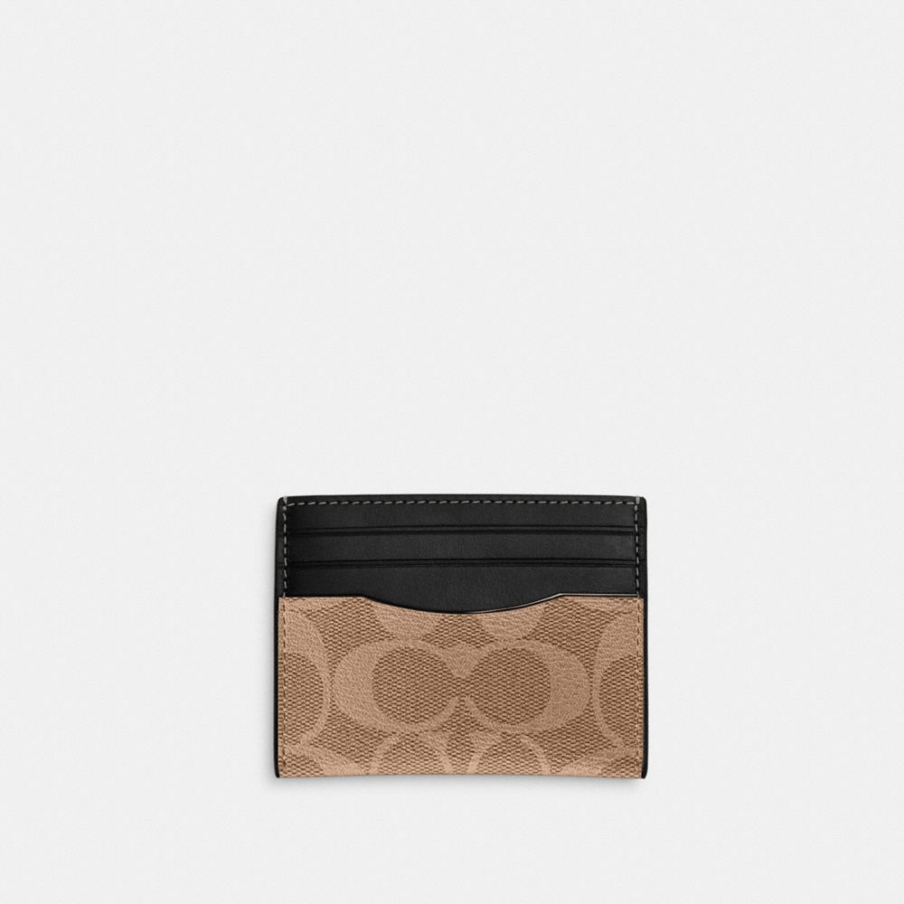 COACH®,SLIM ID CARD CASE IN SIGNATURE CANVAS,Signature Canvas,Gunmetal/Tan,Front View image number 0