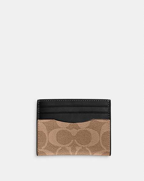 COACH®,SLIM ID CARD CASE IN SIGNATURE CANVAS,Coated Canvas,Gunmetal/Tan,Front View