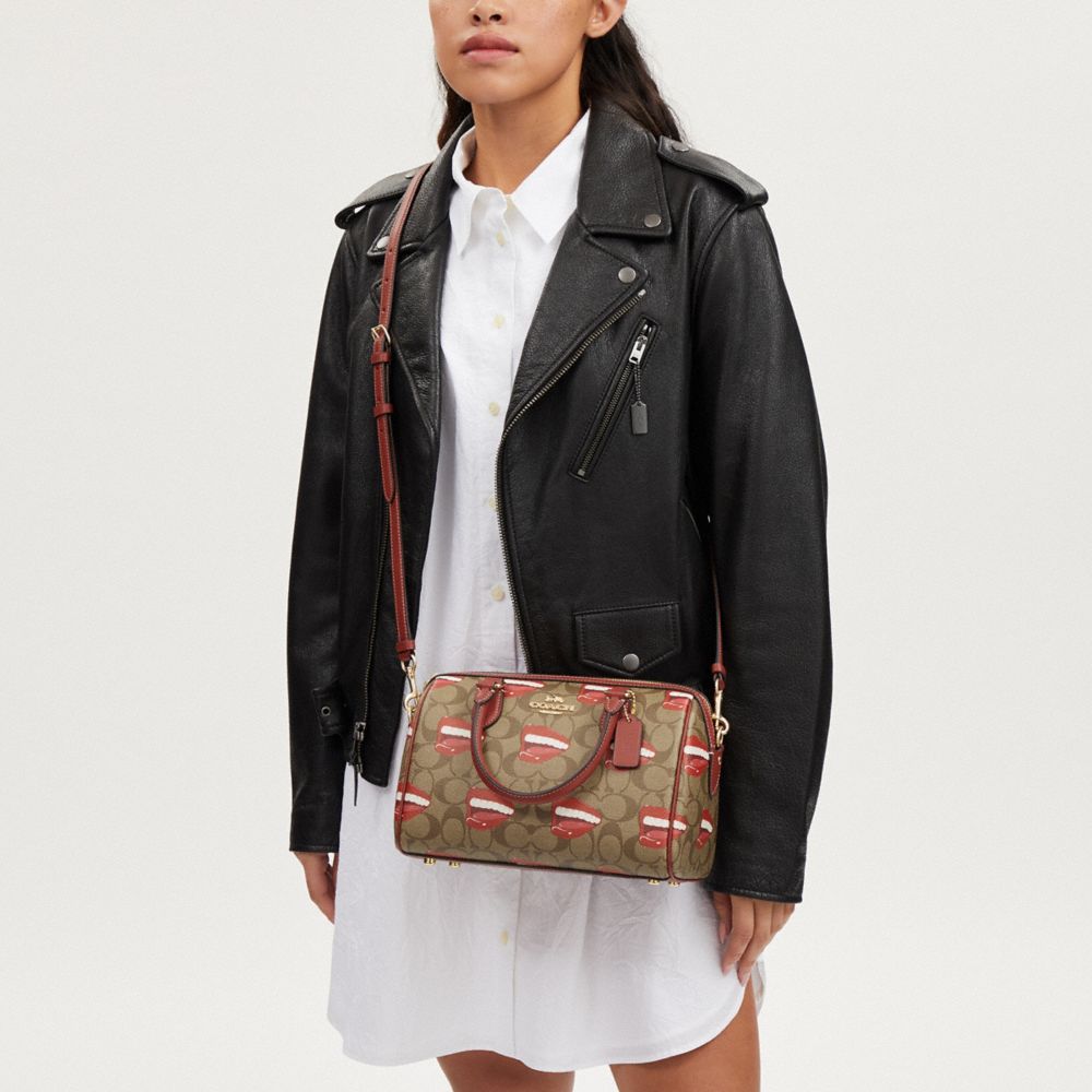 COACH®,Coach X Tom Wesselmann Rowan Satchel Bag In Signature Canvas,Canvas,Barrel Bag,Graphic,Gold Metal,Day Party,Casual,Brown,Detail View