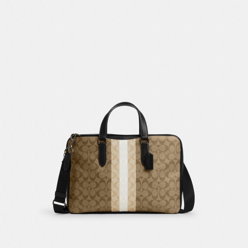 COACH®,GRAHAM SLIM BRIEF IN BLOCKED SIGNATURE CANVAS WITH VARSITY STRIPE,Signature Canvas,Medium,Gunmetal/Khaki Multi,Front View