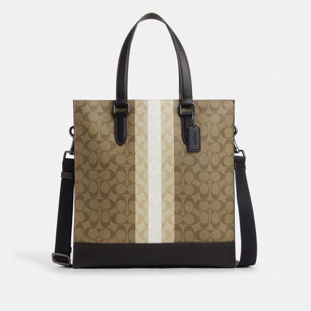 COACH®,GRAHAM STRUCTURED TOTE BAG IN BLOCKED SIGNATURE CANVAS WITH VARSITY STRIPE,Signature Canvas,Large,Gunmetal/Khaki Multi,Front View