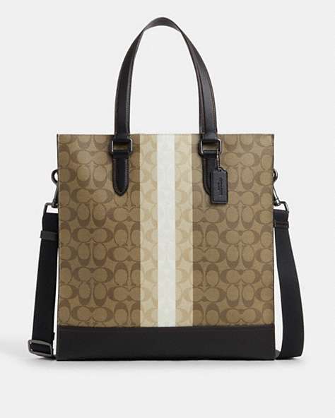 COACH®,GRAHAM STRUCTURED TOTE IN BLOCKED SIGNATURE CANVAS WITH VARSITY STRIPE,Coated Canvas,Gunmetal/Khaki Multi,Front View
