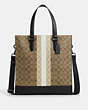 COACH®,GRAHAM STRUCTURED TOTE IN BLOCKED SIGNATURE CANVAS WITH VARSITY STRIPE,Coated Canvas,Large,Gunmetal/Khaki Multi,Front View