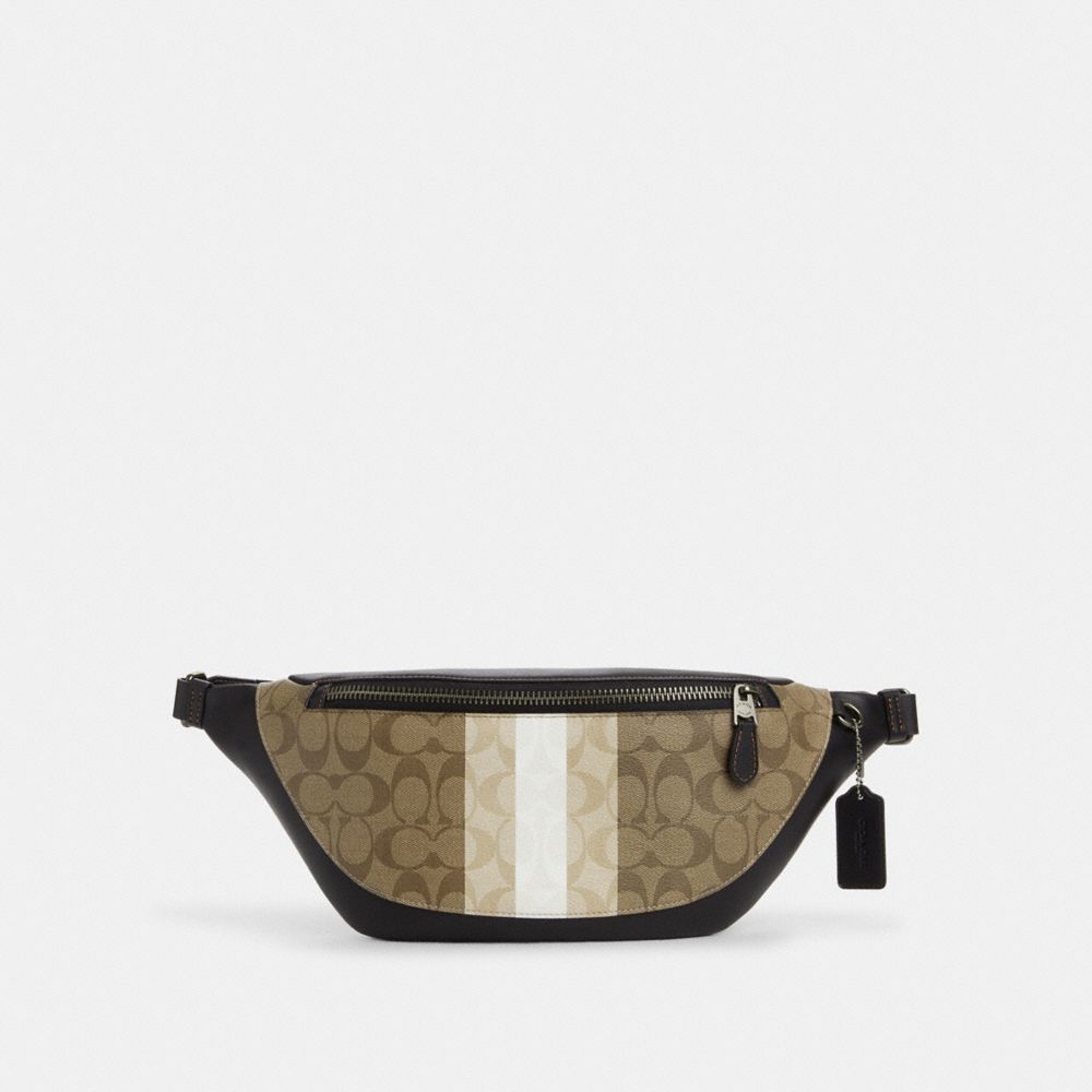 COACH®,WARREN BELT BAG IN BLOCKED SIGNATURE CANVAS WITH VARSITY STRIPE,Signature Canvas,Medium,Gunmetal/Khaki Multi,Front View