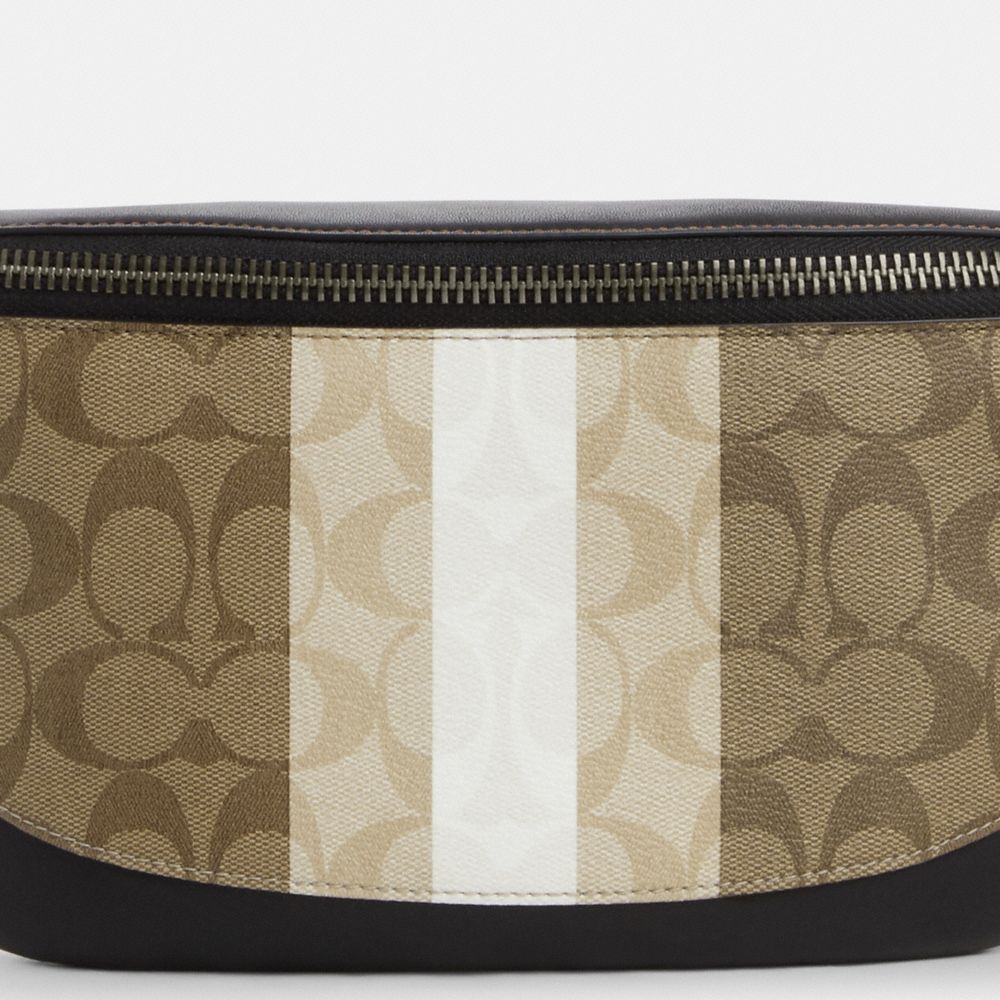 COACH®,Warren Belt Bag In Blocked Signature Canvas With Varsity Stripe,Canvas,Calfskin Leather,Belt Bag,PVC,Logo,Stripe,Ch...,Beige