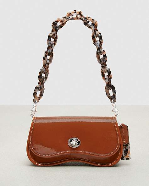 COACH®,Wavy Dinky Bag with Crossbody Strap in Crinkled Patent Coachtopia Leather,Coachtopia Leather,Small,Burnished Amber,Front View