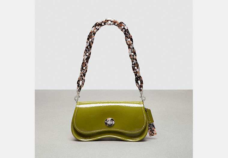 COACH®,Wavy Dinky Bag with Crossbody Strap in Crinkled Patent Coachtopia Leather,Coachtopia Leather,Small,Olive Green,Front View