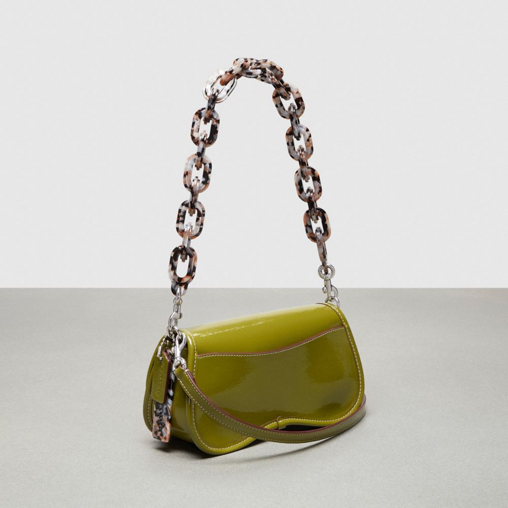 COACH®,Wavy Dinky Bag In Crinkle Patent Coachtopia Leather,Shoulder Bag,Logo,Chain Detail,Adjustable,Day Party,Olive,Angle View