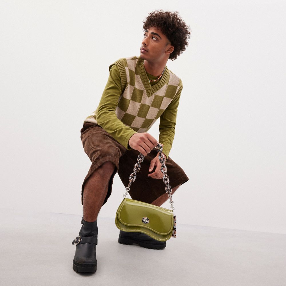COACH®,Wavy Dinky Bag In Crinkle Patent Coachtopia Leather,Shoulder Bag,Logo,Chain Detail,Adjustable,Day Party,Olive,Detail View