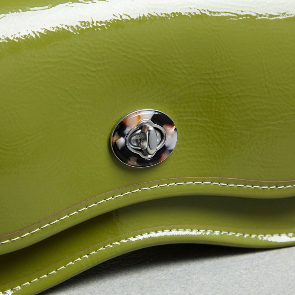 COACH®,Wavy Dinky Bag In Crinkle Patent Coachtopia Leather,Shoulder Bag,Logo,Chain Detail,Adjustable,Day Party,Olive,Closer View