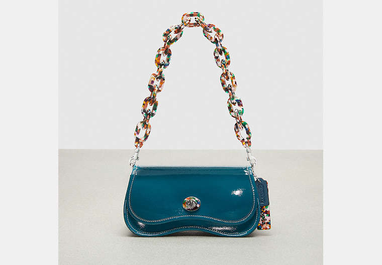 COACH®,Wavy Dinky Bag with Crossbody Strap in Crinkled Patent Coachtopia Leather,Coachtopia Leather,Small,Deep Turquoise,Front View image number 0