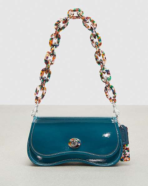 COACH®,Wavy Dinky Bag with Crossbody Strap in Crinkled Patent Coachtopia Leather,Coachtopia Leather,Small,Deep Turquoise,Front View