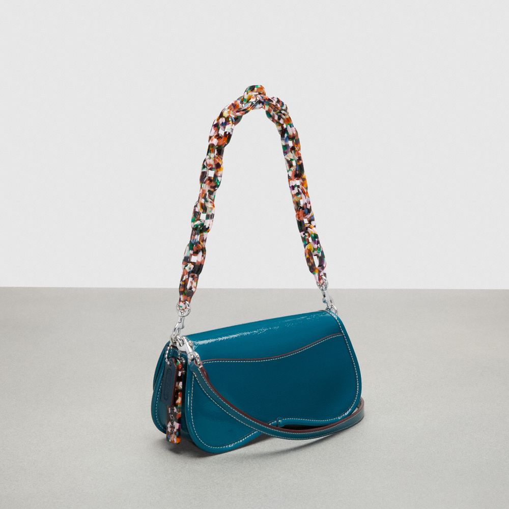 COACH®,Wavy Dinky Bag In Crinkle Patent Coachtopia Leather,Shoulder Bag,Logo,Chain Detail,Adjustable,Day Party,Teal,Angle View