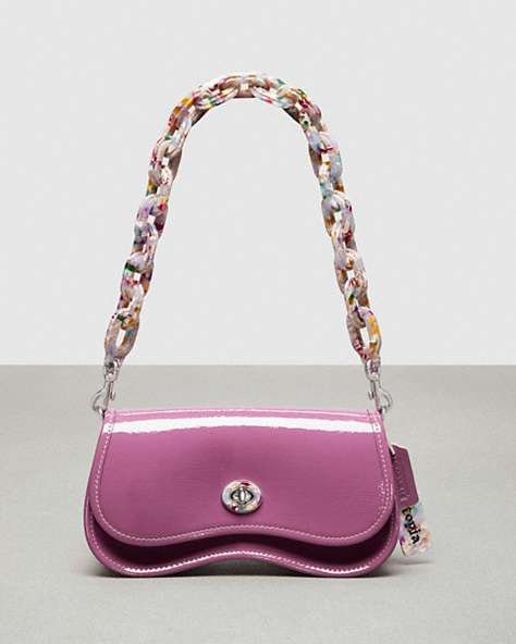 COACH®,Wavy Dinky Bag with Crossbody Strap in Crinkled Patent Coachtopia Leather,Coachtopia Leather,Small,Lilac Berry,Front View