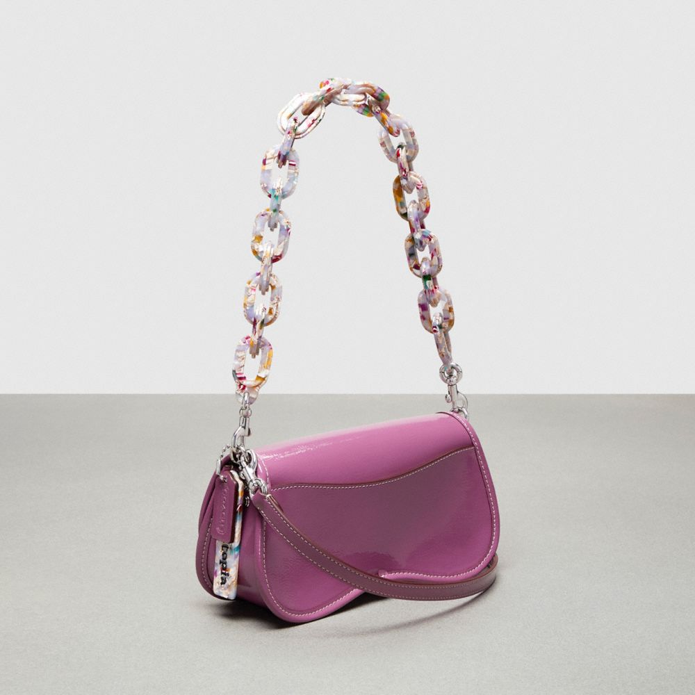 COACH®,Wavy Dinky Bag In Crinkle Patent Coachtopia Leather,Leather,Shoulder Bag,Logo,Chain Detail,Adjustable,Silver Metal,...,Fuchsia,Angle View