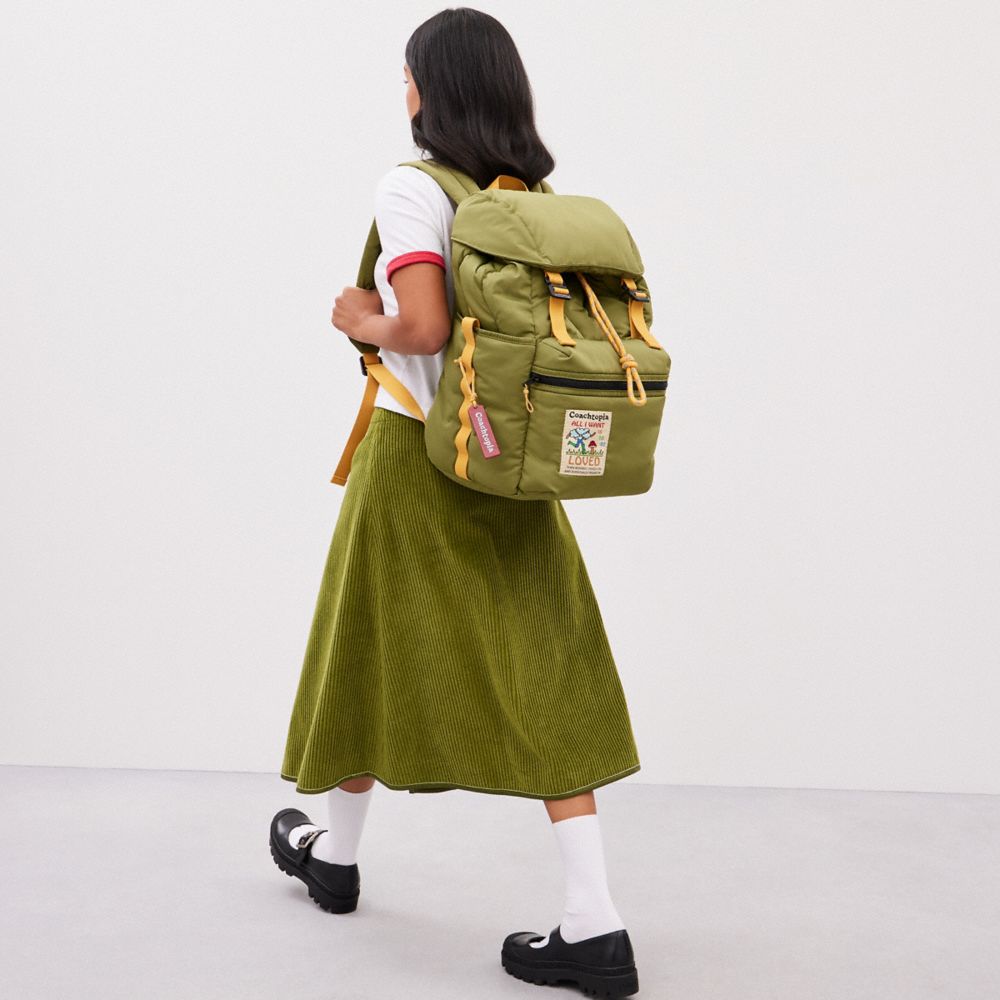COACH®,Coachtopia Loop Backpack,Recycled Polyester,Backpack,Plastic,Color Block,Mixed Media,Applique,Casual,Olive,Detail View