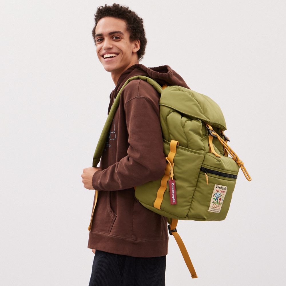 COACH®,Coachtopia Loop Backpack,Recycled Polyester,Backpack,Plastic,Color Block,Mixed Media,Applique,Casual,Olive,Detail View