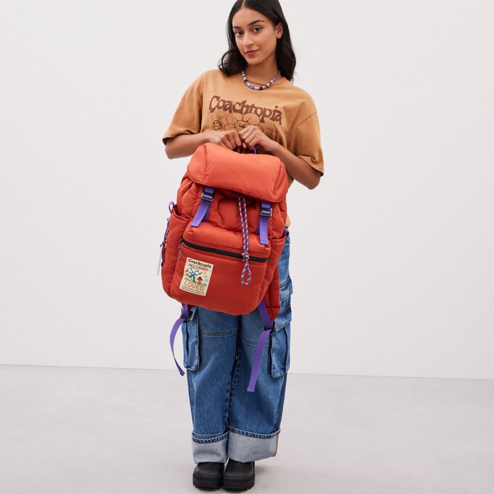 COACH®,Coachtopia Loop Backpack,Recycled Polyester,Backpack,Plastic,Color Block,Mixed Media,Applique,Casual,Burnt Orange,Detail View