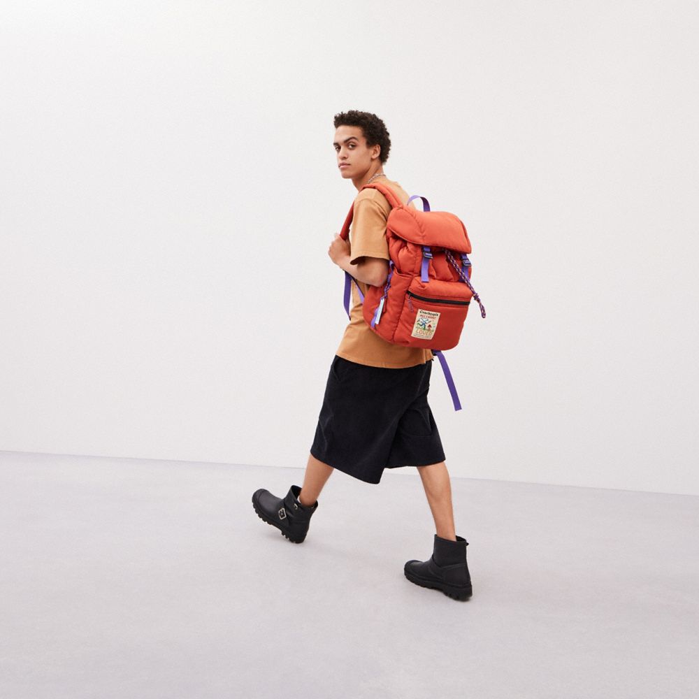 COACH®,Coachtopia Loop Backpack,Recycled Polyester,Backpack,Plastic,Color Block,Mixed Media,Applique,Casual,Burnt Orange,Detail View