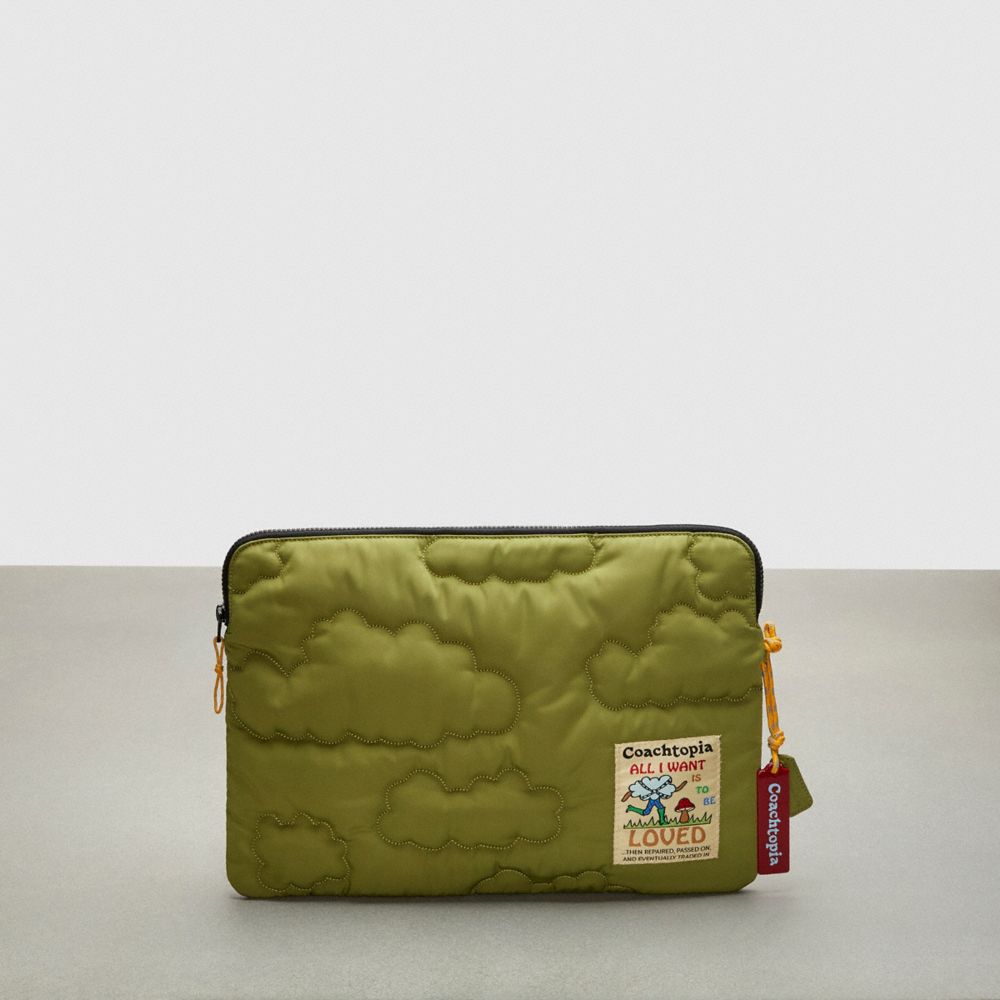 COACH®,Coachtopia Loop Quilted Cloud Laptop Sleeve,Recycled Polyester,Medium,Coachtopia Loop,Olive Green,Front View