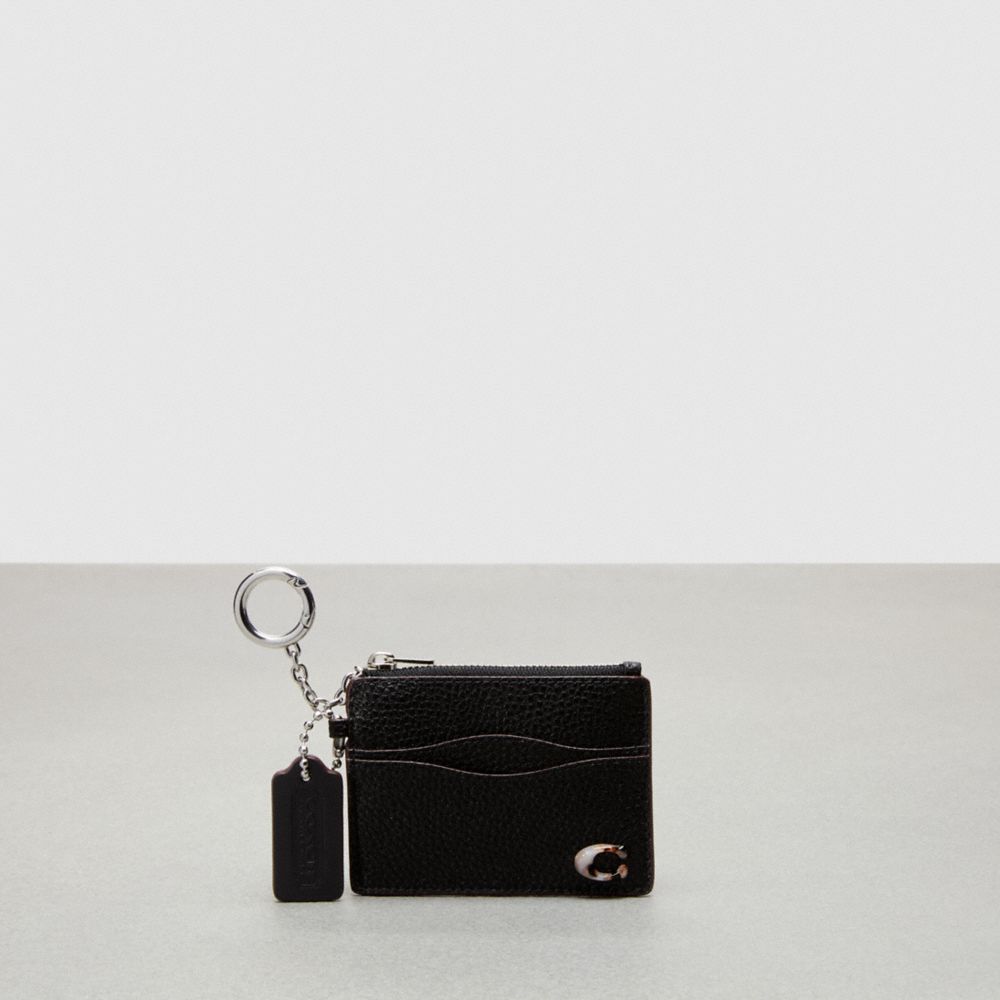 COACH®,Wavy Zip Card Case With Key Ring In Pebbled Coachtopia Leather,Mini,Black,Front View image number 0