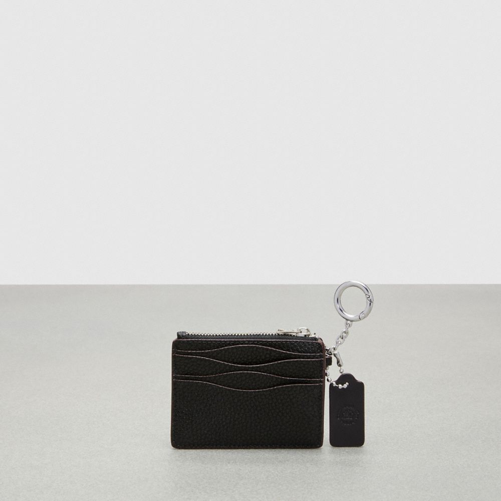COACH®,Wavy Zip Card Case In Pebbled Coachtopia Leather With Key Ring,Mini,Black,Back View