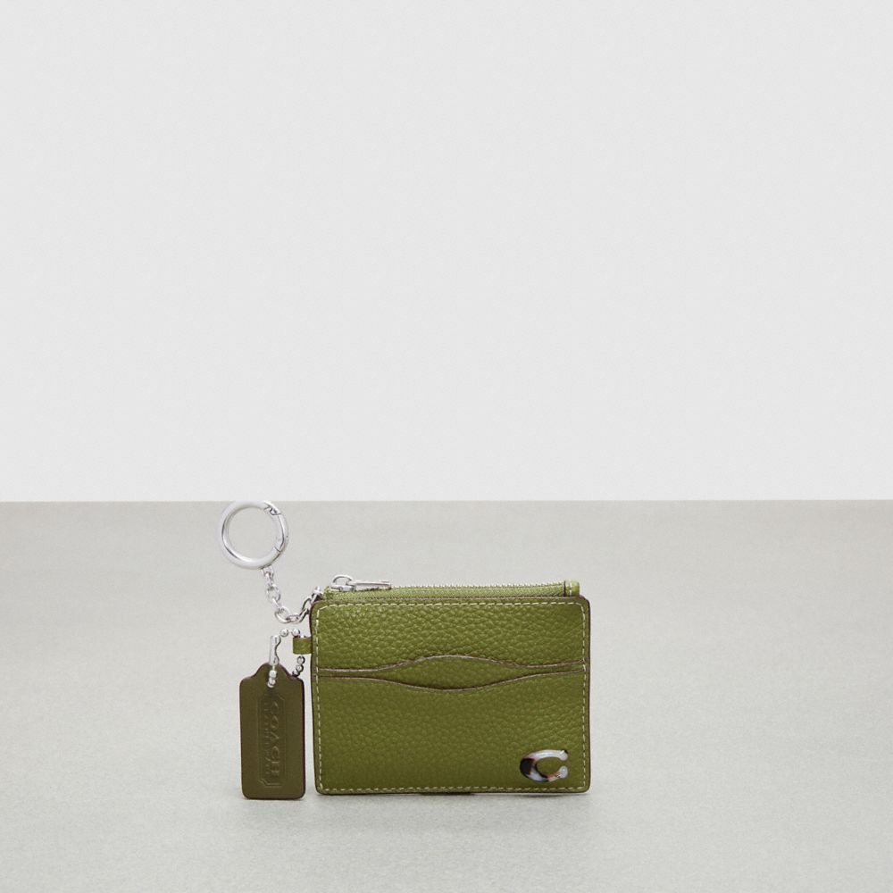 COACH®,Wavy Zip Card Case In Pebbled Coachtopia Leather With Key Ring,Mini,Olive Green,Front View