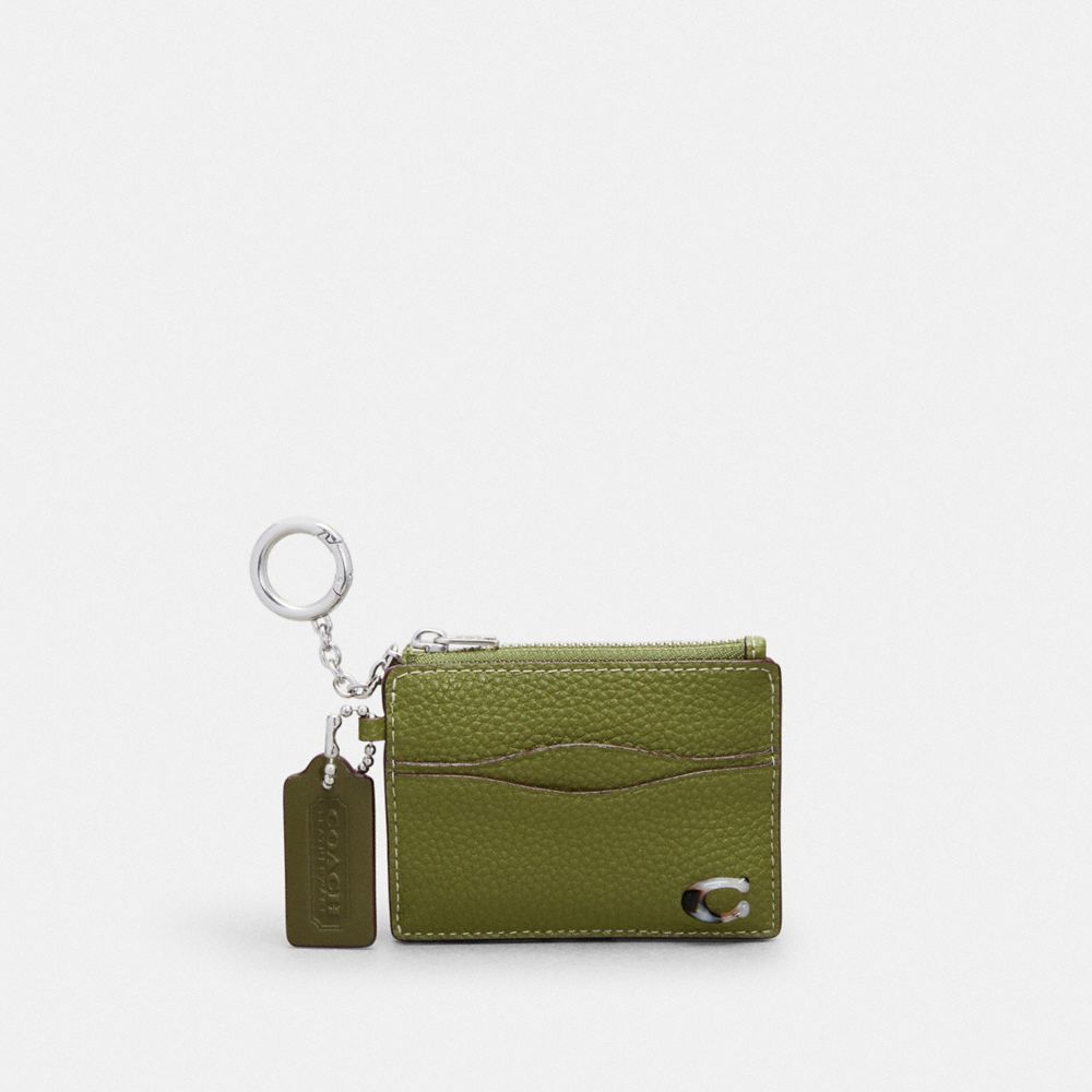 COACH®,Wavy Zip Card Case In Pebbled Coachtopia Leather With Key Ring,Mini,Olive Green,Front View