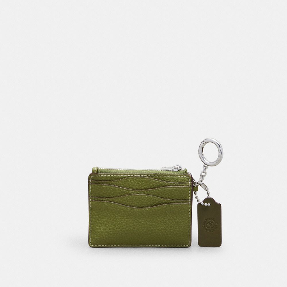 COACH®,Wavy Zip Card Case With Key Ring In Pebbled Coachtopia Leather,Mini,Olive Green,Back View