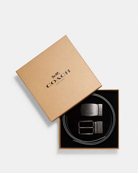 COACH®,BOXED PLAQUE AND HARNESS BUCKLE CUT-TO-SIZE REVERSIBLE BELT, 38MM,Coated Canvas,Medium,Black,Front View